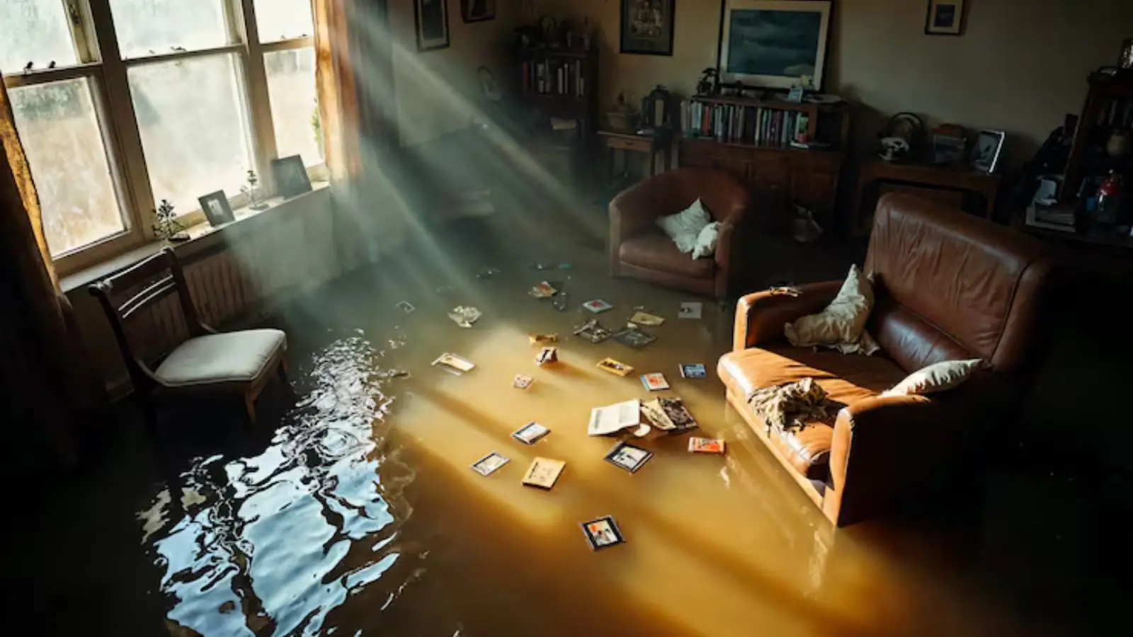 Flooded room with standing water and furniture, the kind of loss a restoration crew dries and repairs